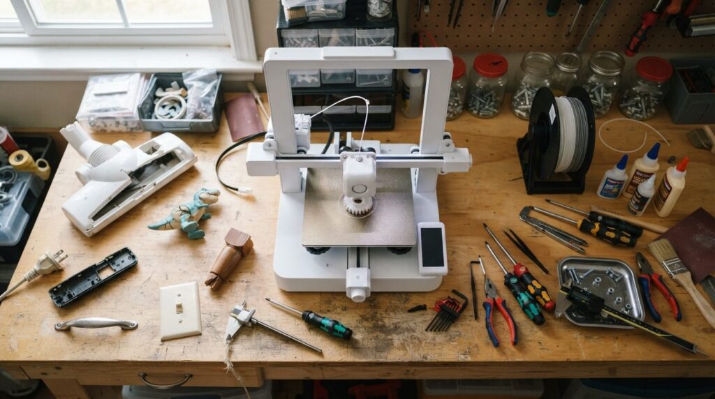 Realistic overhead shot of a DIY home repair workspace showi