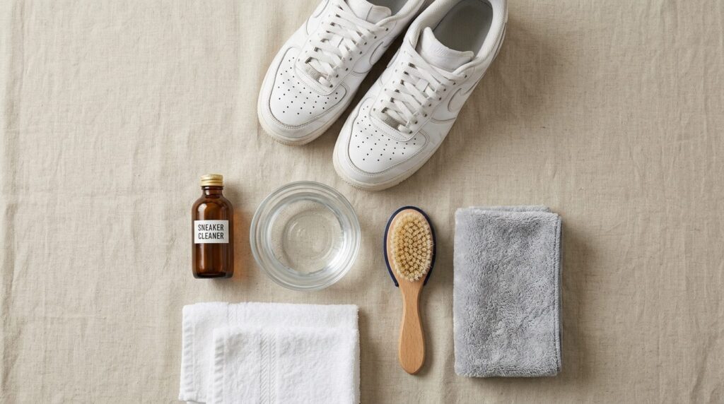 Flat lay DIY sneaker cleaning supplies arranged neatly on a