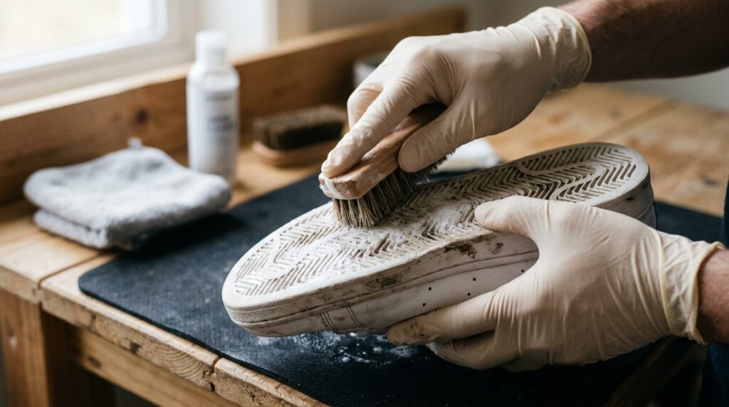 Close-up hands wearing gloves gently scrubbing white leather