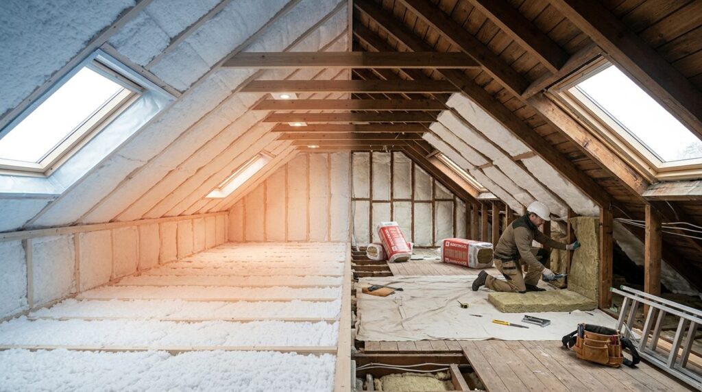 Wide shot comparing two attic sections: one with completed m