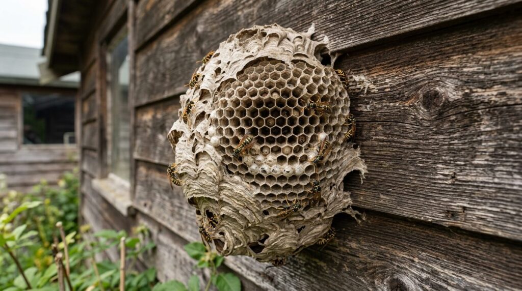 Close-up realistic photo of a large paper wasp nest attached