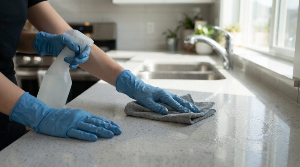 Close-up of professional cleaner hands wearing rubber gloves