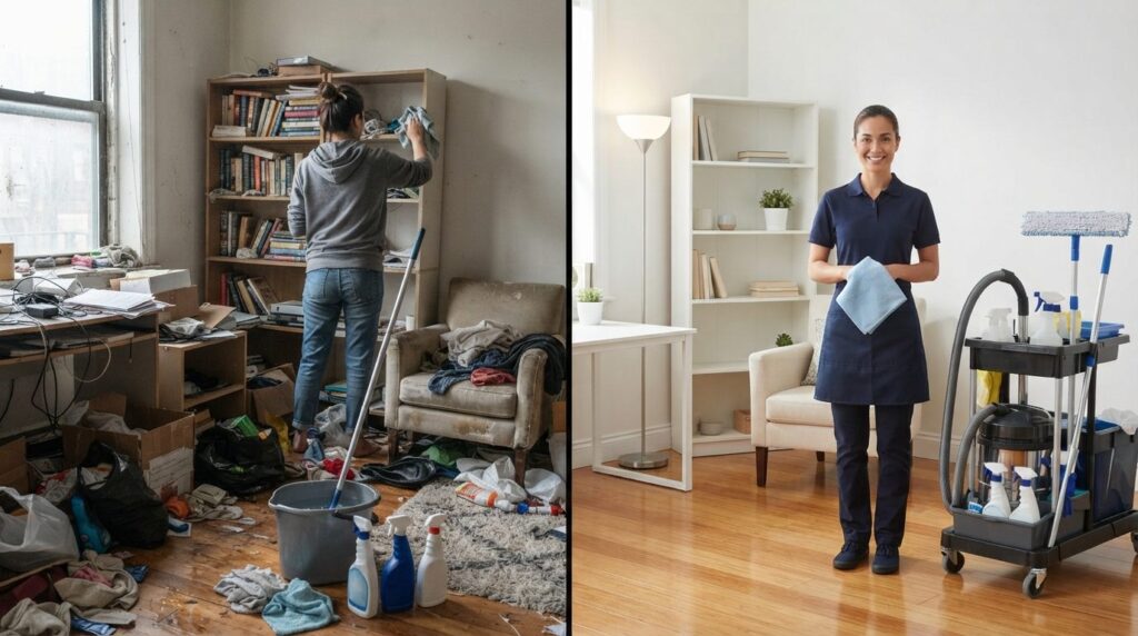 Split comparison scene: left side shows person with DIY clea