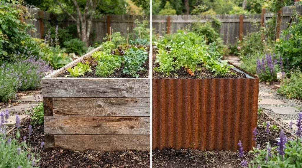 Side-by-side comparison of raised garden bed materials: weat