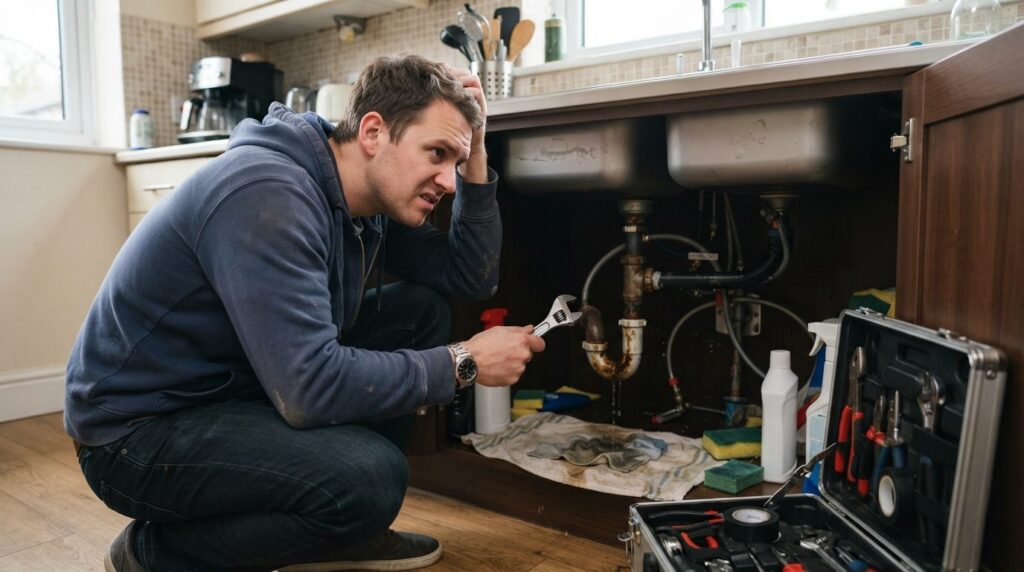DIY homeowner in casual clothes looking uncertain while exam