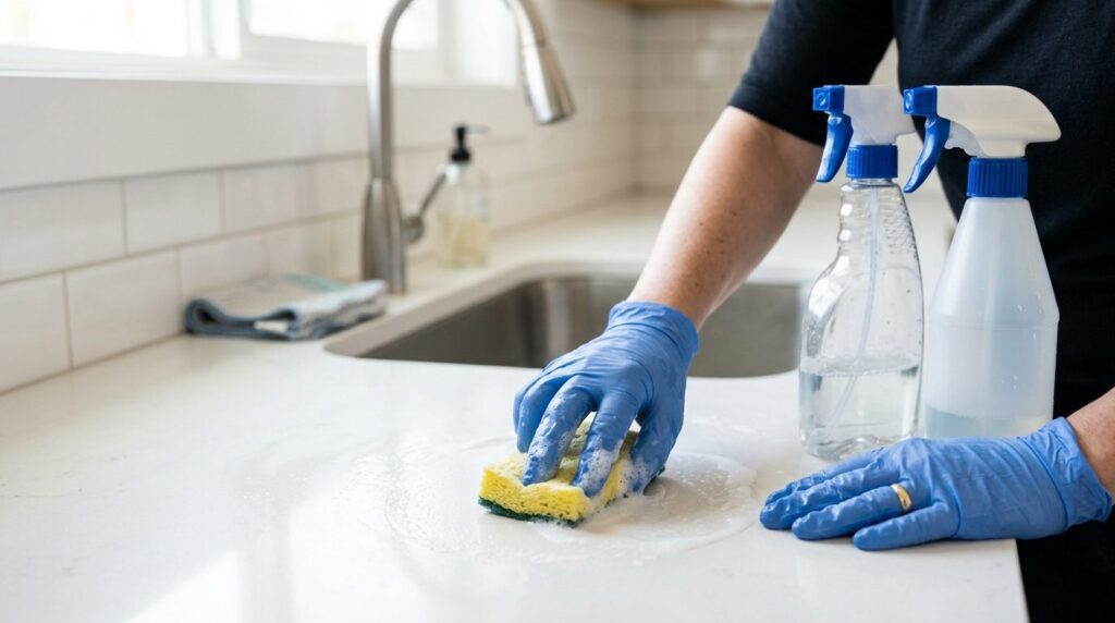 Close-up photograph of a homeowners hands in blue latex glo