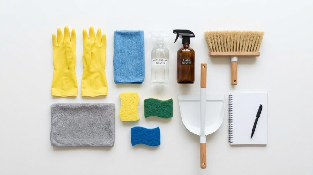 Overhead flat-lay photograph of DIY move-out cleaning suppli