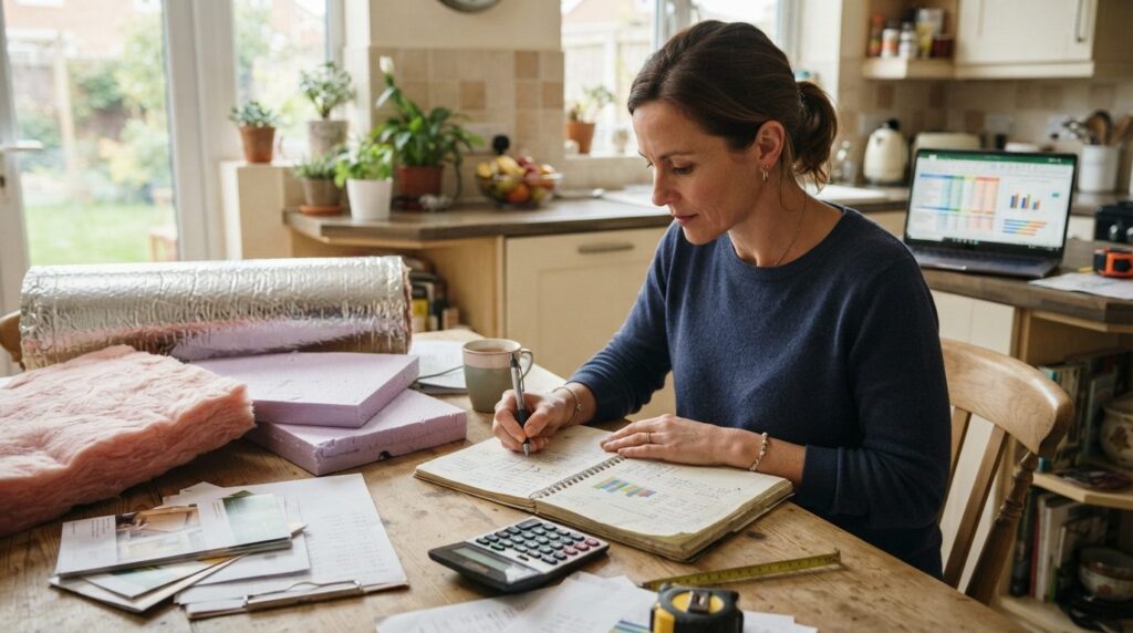 Wide angle photorealistic image of a homeowner calculating r