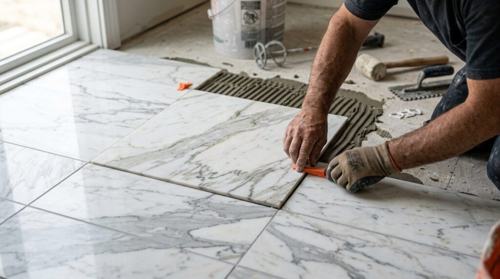 Close-up detailed shot of premium marble floor tiles being i
