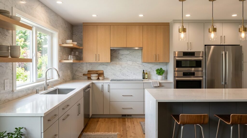 Modern kitchen interior with marble wall tiles behind a coun