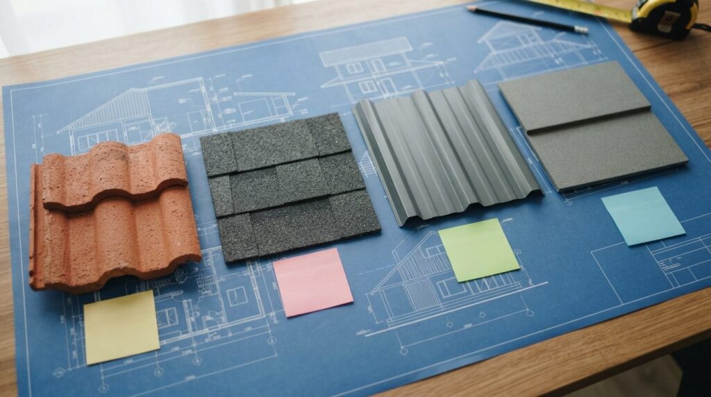 Close-up overhead view of various roofing material samples a