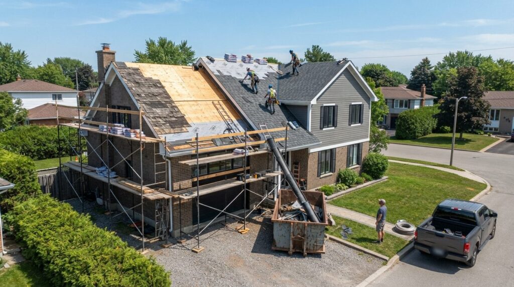 Wide angle view of residential house under roof renovation, 