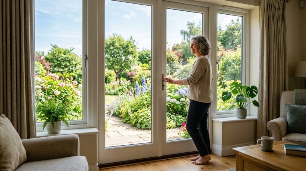 Homeowner standing indoors looking out through clean sparkli