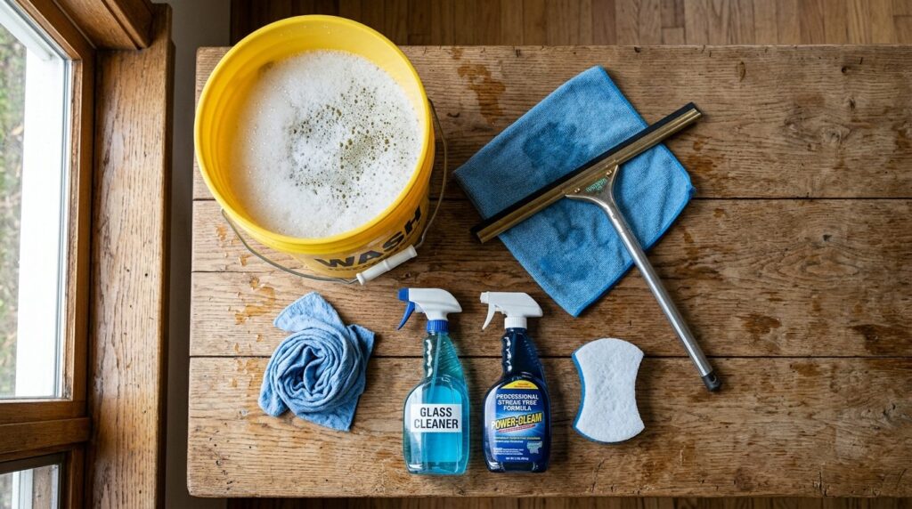 Close-up detail of window cleaning supplies arranged on wood