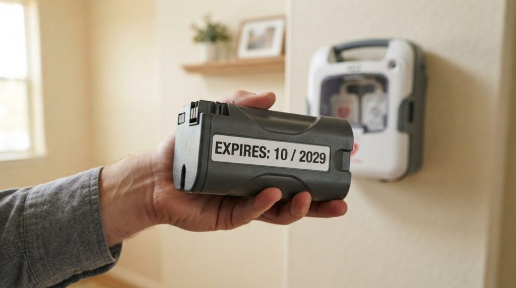 Close-up detailed view of an AED defibrillator battery cartr