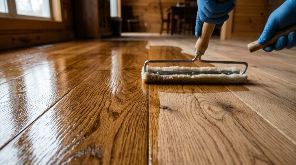 Close-up detail shot of wood floor surface being treated wit