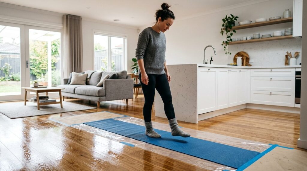Modern home interior showing person carefully walking across