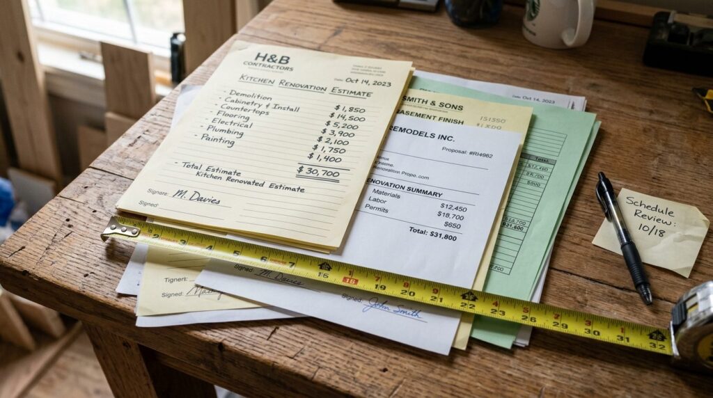 Close-up of multiple handwritten and printed renovation quot
