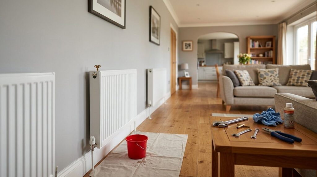 Wide angle photograph of a modern home interior showing mult