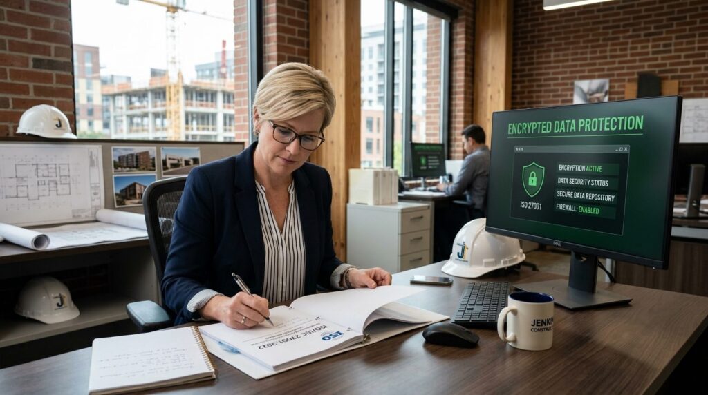 Photograph of a construction company owner at their desk rev
