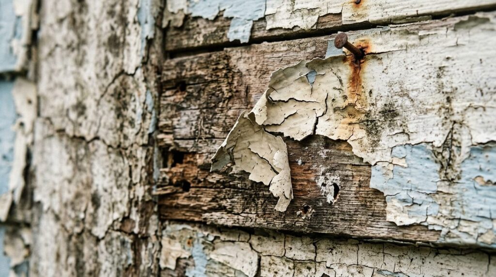 Close-up photorealistic detail shot of old peeling paint and