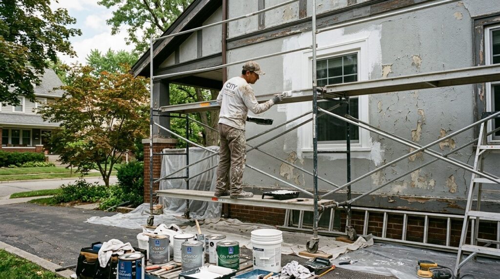 Photorealistic image of a professional painter preparing to
