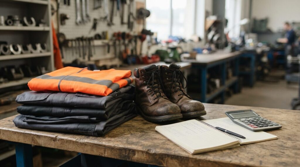Close-up photorealistic shot of folded work uniforms, safety