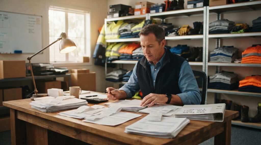 Realistic image of a small business owner at a desk reviewin