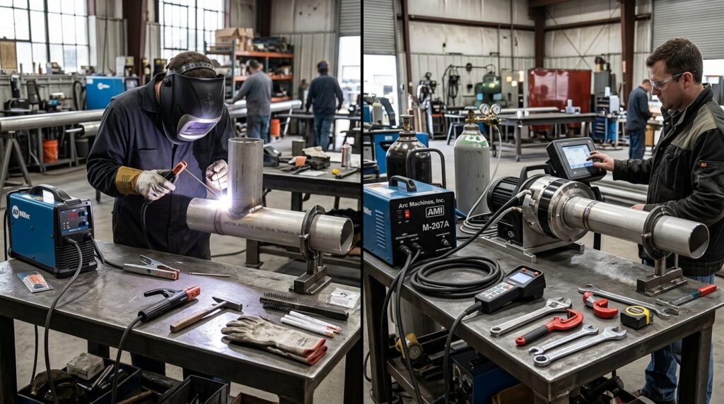 Side-by-side comparison workspace showing manual stick weldi