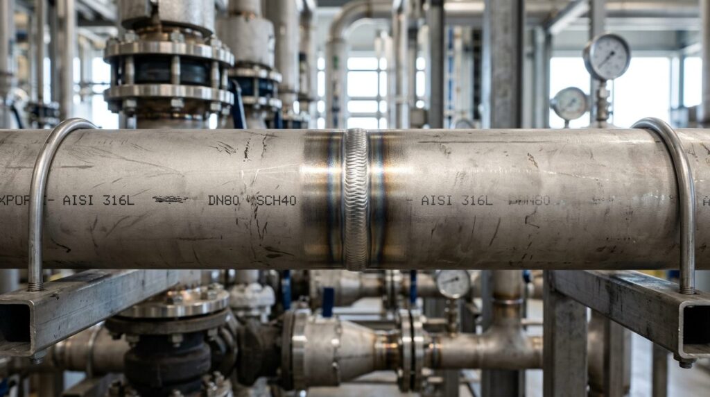 Close-up detail of welded stainless steel pipe joint showing