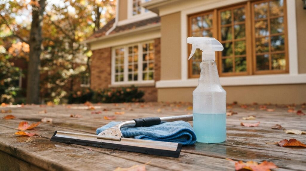 Close-up of professional window cleaning equipment including