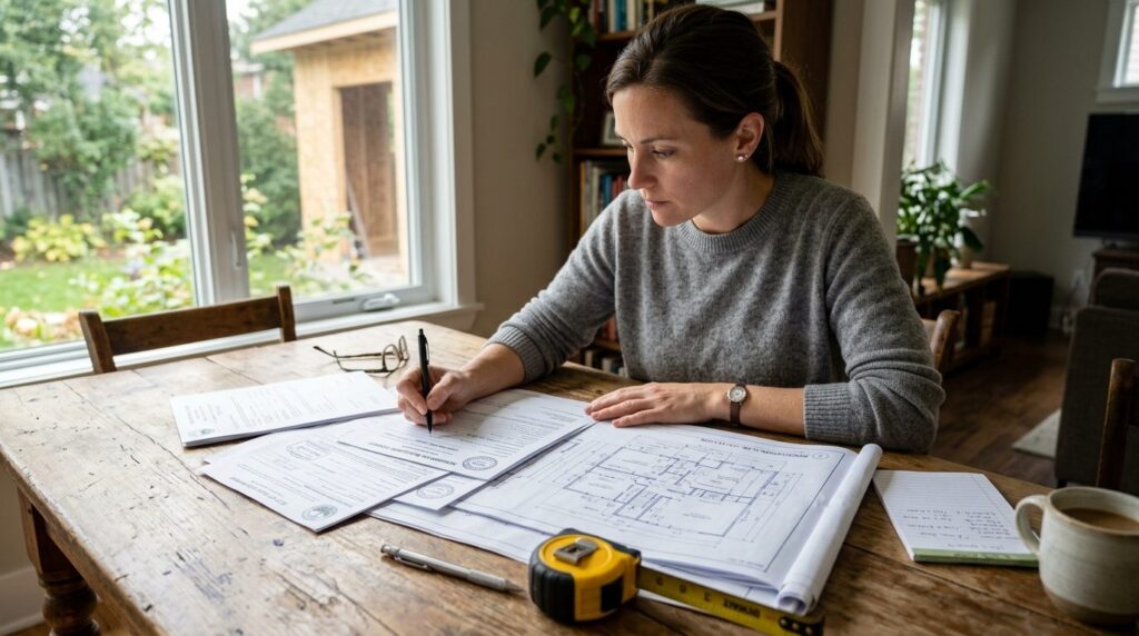 Close-up of a homeowner reviewing building plans and permits