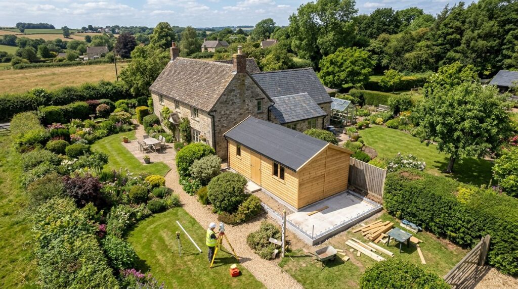 Overhead view of a garden cottage property showing a newly b