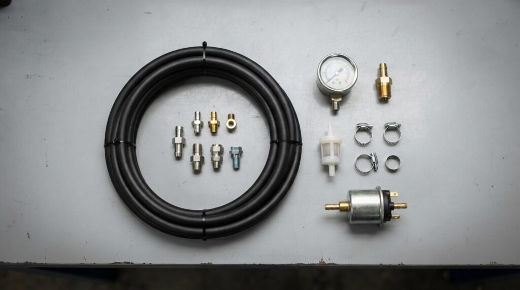 Detailed overhead view of diesel heater fuel system componen