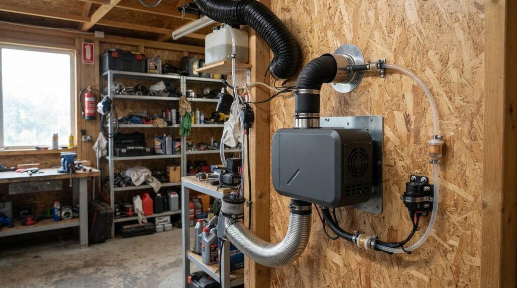 DIY garage scene showing a diesel heater unit mounted on a w