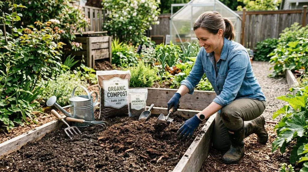 Home gardener adding aged compost and nutrient-rich amendmen