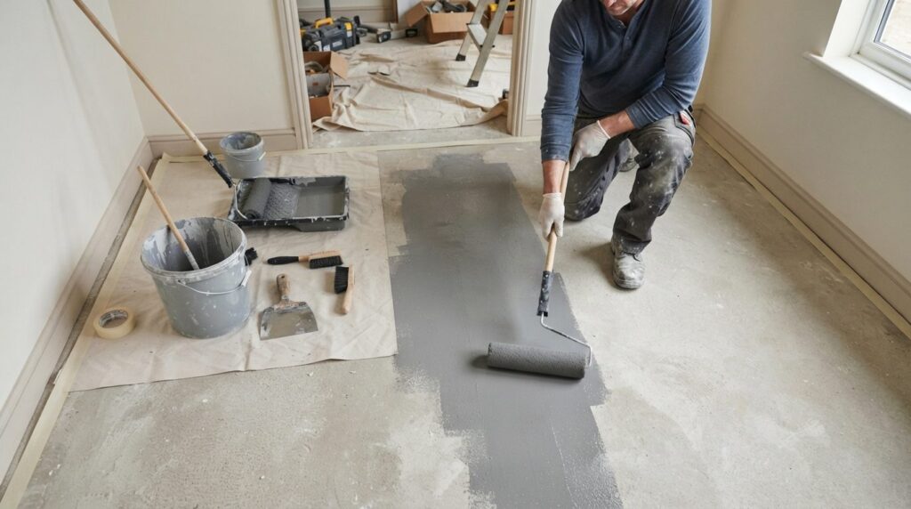 Detailed overhead view of a homeowner preparing floor surfac