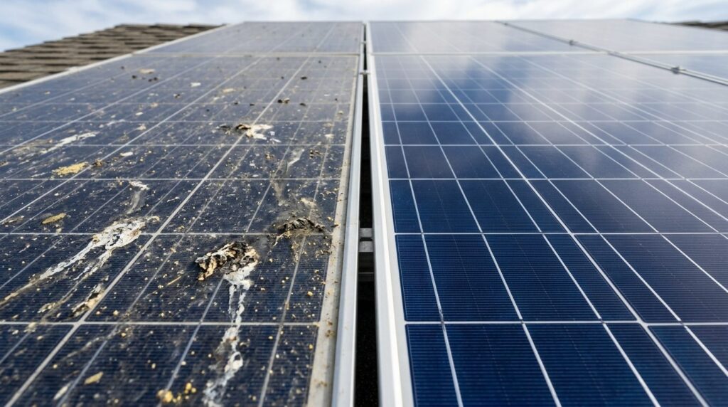 Close-up detail shot of dirty solar panel surface covered wi