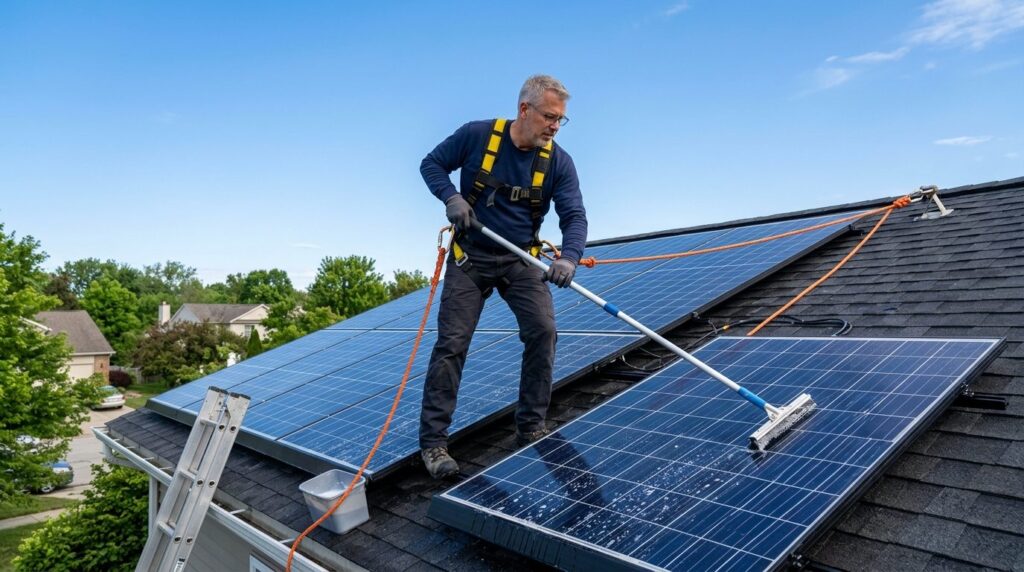 Middle-aged homeowner on residential roof using long-handled