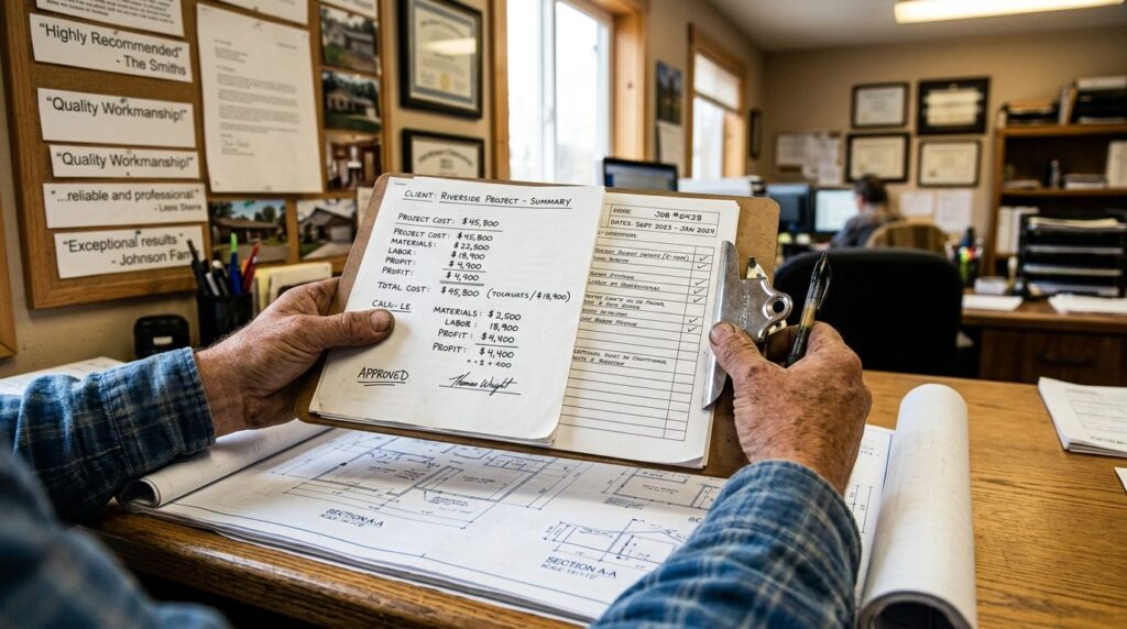 Close-up of a skilled craftsmans hands holding blueprints a