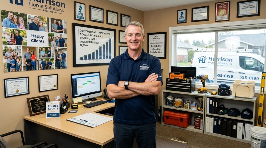 Middle-aged business owner standing in their successful home