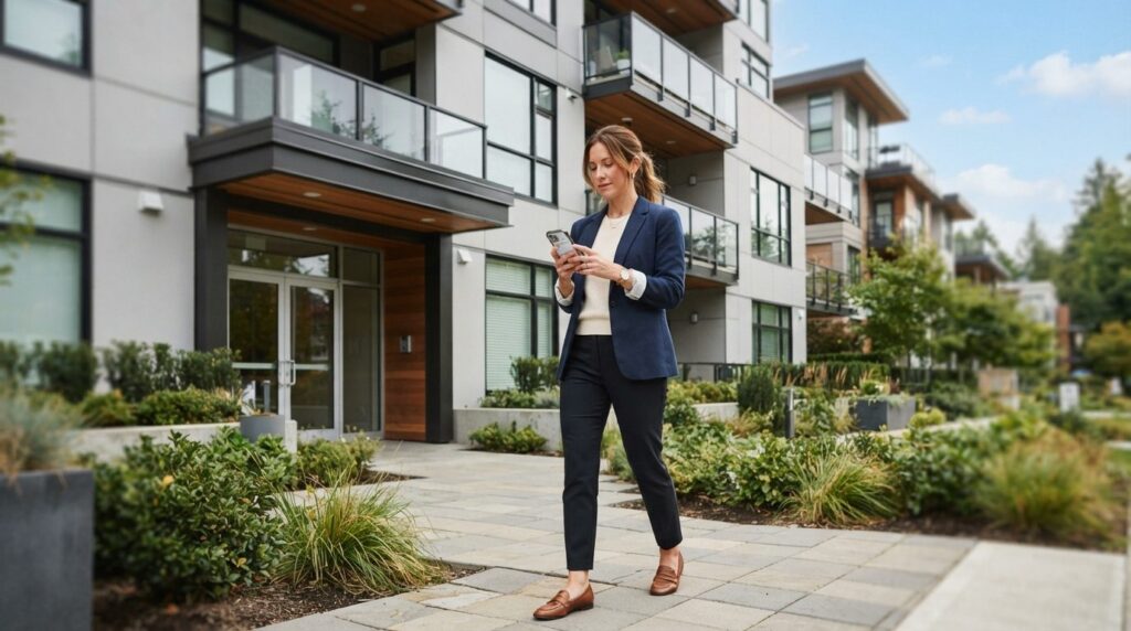Modern apartment building exterior during daytime with a fem