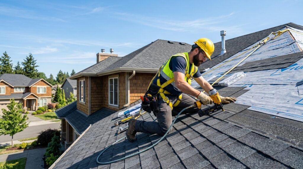 Photorealistic image of a professional roofer with complete 