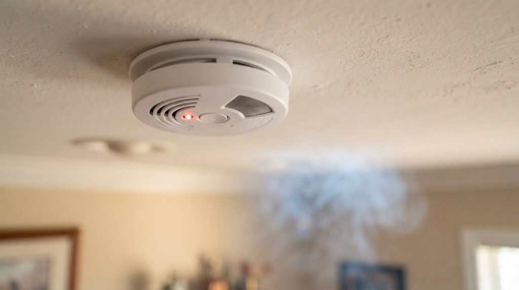 Close-up professional shot of a white smoke alarm mounted on