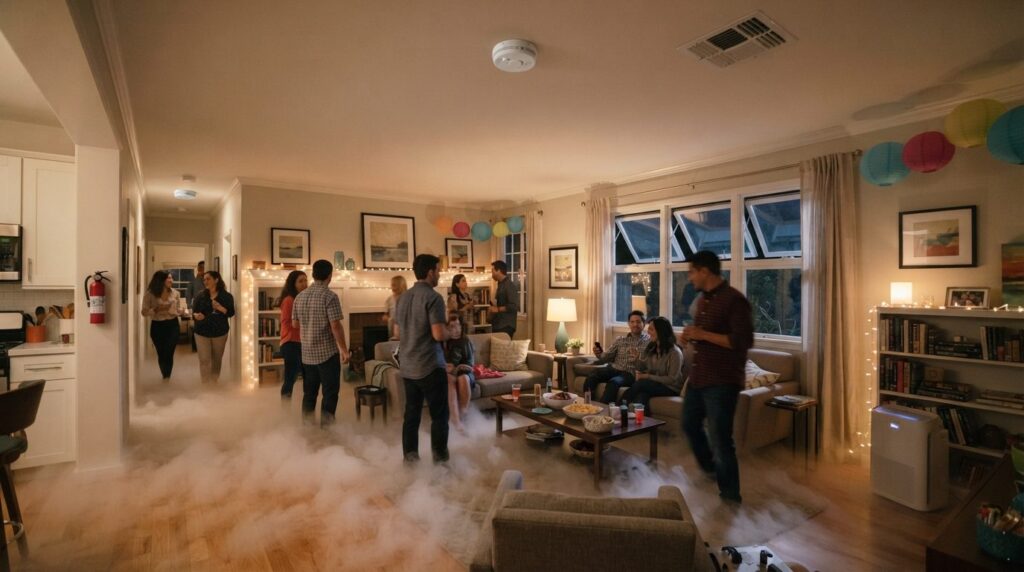 Wide-angle photograph of a residential living room during a 